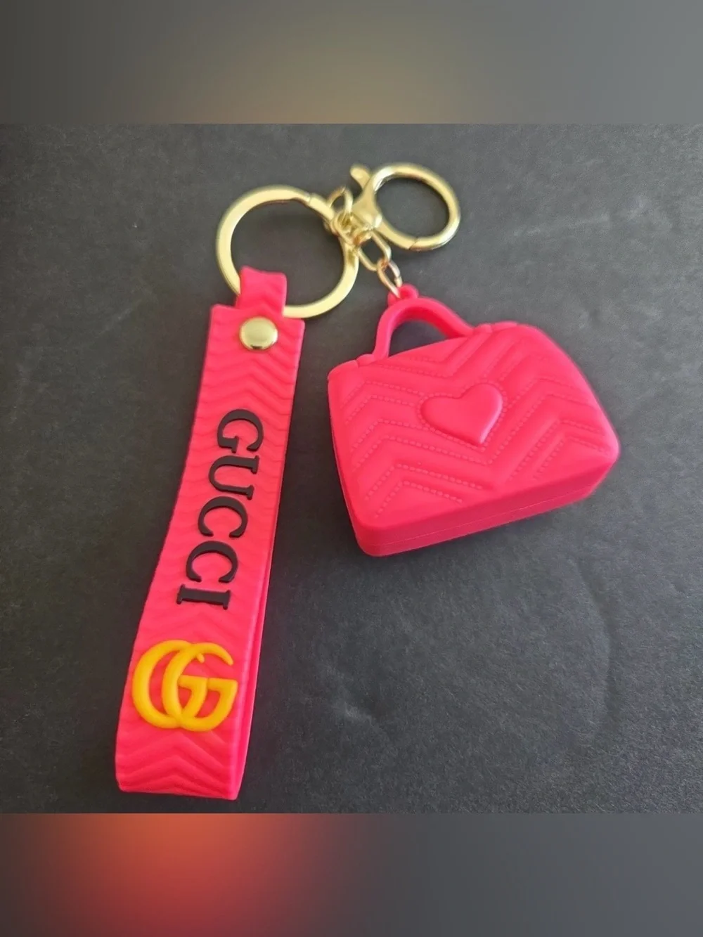NEW Gucci Hot Pink Silicone Bag Charm Keychain with Wristlet Strap
